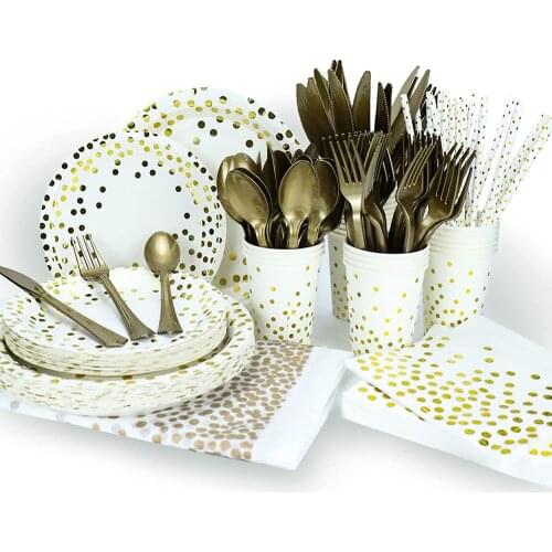 Party Plates White Gold Paper Supplies Tableware Disposable Dinnerware Sets for Birthday Graduation Fathers Day Christmas