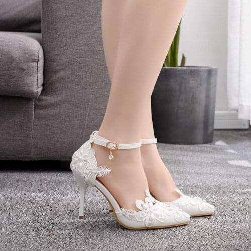 Shoes Womens White Lace Bead Flower Elegant High Heels Ladies Bridal Pumps Wedding Stiletto