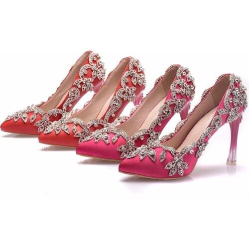 Shaped crystal with pointed wedding shoes silk satin rhinestone single shoes female fine with pointed large size high heels