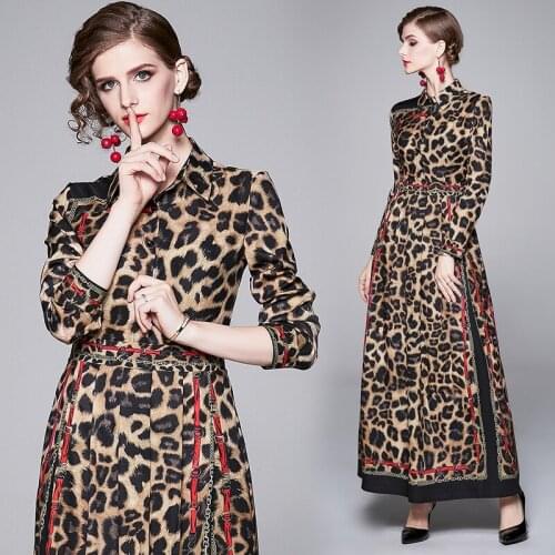 High Quality Elegant Europe and America Leopard Chain Design Print Maxi Dress 2021 Spring/Autumn Long Sleeve Slim Bandage Dress