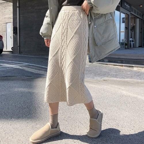 Flectit Women Cable Knit Midi Skirt Elastic Waist Relaxe Fit Warm Wool Sweater Skirts Fall Winter