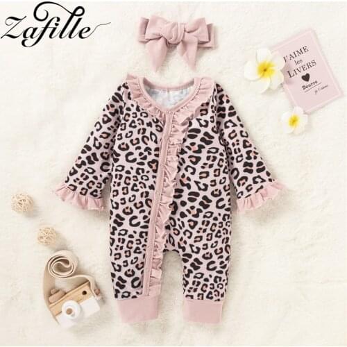 ZAFILLE Baby Girls Rompers and Headband Cotton Winter Baby Girl Clothes Ruffles Pink Leopard Jumpsuit For Kids Baby Overalls