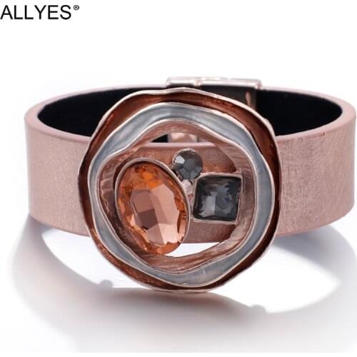ALLYES Crystal Leather Bracelets for Women 2020 Fashion Trendy Metal Charm Wide Cuff Bracelet Femme Jewelry