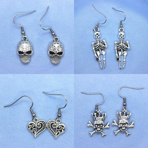 1 Pair Love Heart Skull Skeleton Punk Earrings For Womens Stainless Steel Ear Hook Vintage color Earring Fashion Jewelry Crafts