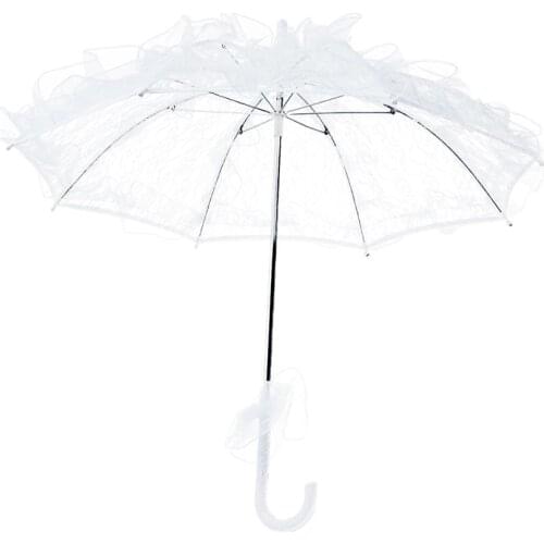 Womens Western Style Hollow Out Floral Lace Umbrella Wedding Bridal Manual Opening Parasol Trim Romantic Photo Props White