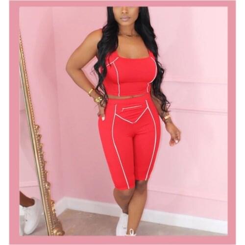 2020 Red Striped Sleeveless Sportswear Crop Top And Biker Shorts Trackusuit Bodycon Two Piece Sets Summer Women Matching Outfits