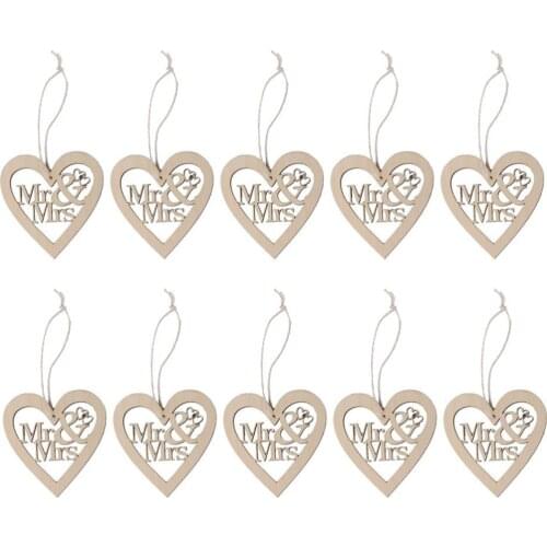 10pcs Heart Shaped Mr and Mrs Wooden Hanging Ornament Christmas Tree Ornaments Wedding Decoration Pendants with String (Wood)