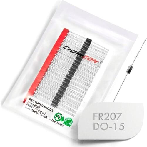 100 Pcs) FR207 Fast Recovery Rectifier Diode 2A 1000V 150-500ns DO-15 (DO-204AC) Axial 2 Amp 1000 Volt FR 207 Diodes