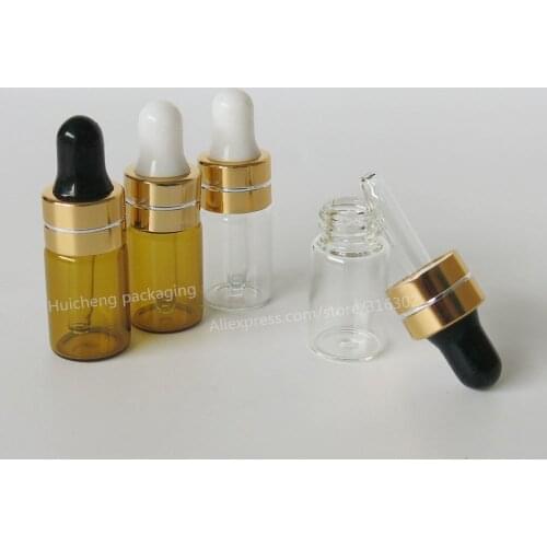 50pcs/lot Clear Amber Dropper Bottle Jars Vials With Pipette Gold Cap For Cosmetic Perfume Essential Oil Bottles