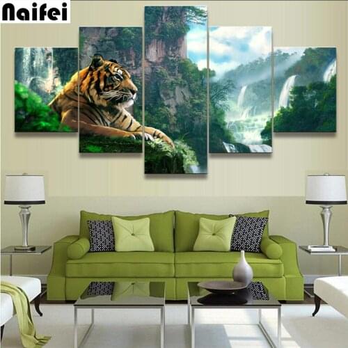 5d diy diamond Painting 5 Panel Tiger And Mountain Waterfall Home Decoration Pictures full square/round drill diamond embroidery