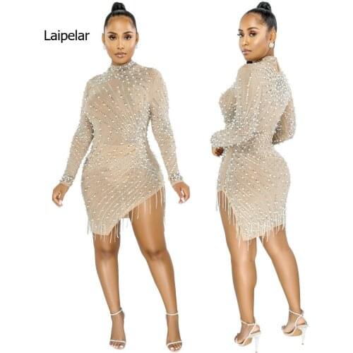 Sparkle Black Pearl Rhinestones Fringe Irregular Mesh Dress New Chic Sequins Party Club Dress Christmas Outfits