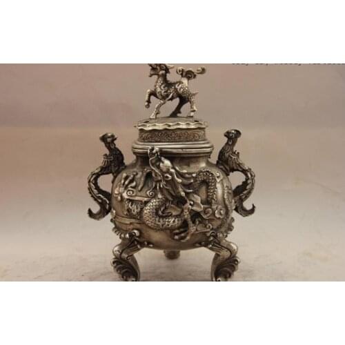 China White Copper Silver Dragon Phoenix kylin unicorn Incense Burner Censer