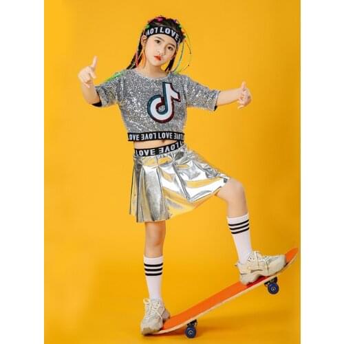 2021 3pcs Set Girl Jazz Dance Costumes for Girls Children Stage Dance Clothes Exposed Navel Tide Kid Hip hop Sequin Dance Suit