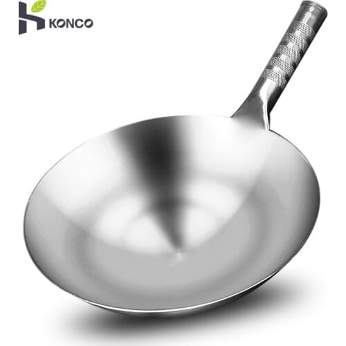 Konco High Quality Stir-Fry Pan Stainless Steel Saute Pan Gas Stoves Frying Pan Chinese Handmade Wok Cooking Pot