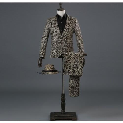 Suits Men 2019 Long Sleeve Stage Mens Performance Prom Leopard Print Suit Slim Fit Designs Clothing Two Piece Set Coat Pants