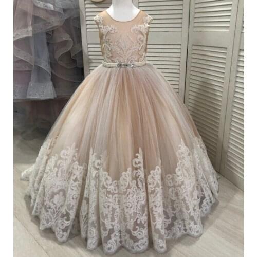 Flower Girl Dresses For Weddings With Capped Sheer Neck Appliques Lace Cupcake Pageant Dress For Girls Long Beads Girls Wedding