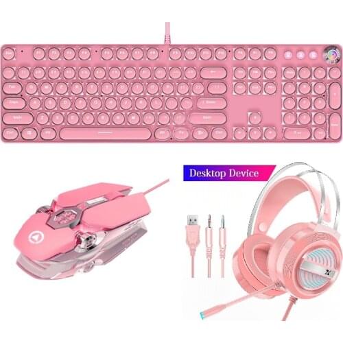 Mechanical Keyboard Mouse Pink Sets for Girls USB Wired Mechanical Keyboard with Green Switch 3200DPI LED Backlit Mouse Earphone