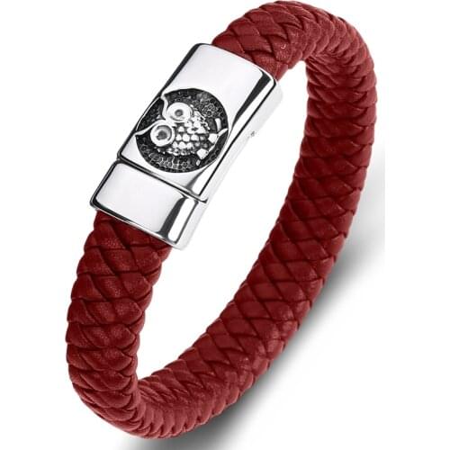 Multicolor Trendy Braided Leather Bracelet Men Punk Rock Handmade Jewelry Stainless Steel Owl Magnet Buckle Woven Bangles P091