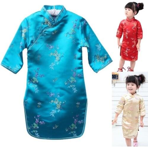 Plum Baby Girls Clothes Chinese Children Qipao Dresses Sleeve Spring Festival Party Costumes Girl Chi-pao One-Piece Cheongsam