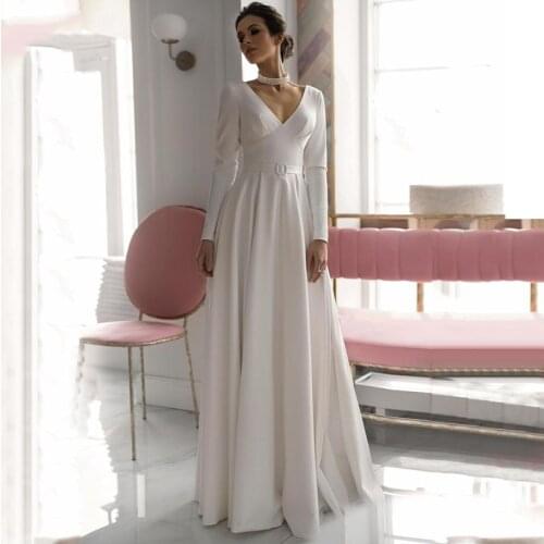 Bohemian Wedding Dress 2021 A-Line V-Neck Floor Lenght Button Backless Long Sleeve Jersey Bride Gowns Custom Made