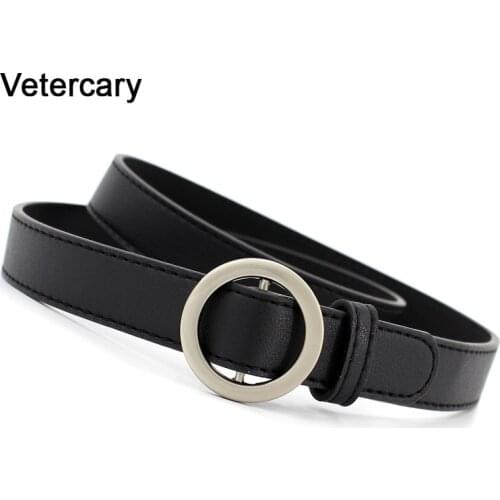 Fashion design belts black PU leather no needle buckle belt silver circle buckles decoration jean students simple casual trouser