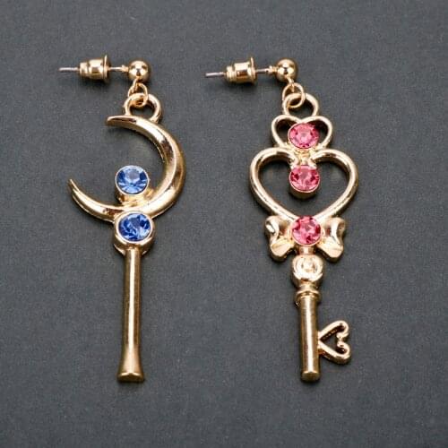 Earrings Japanese Anime Moon Heart Red Blue Crystal Sailor Moon Magic Wand Key Shape Drop Earring Asymmetric For Girls
