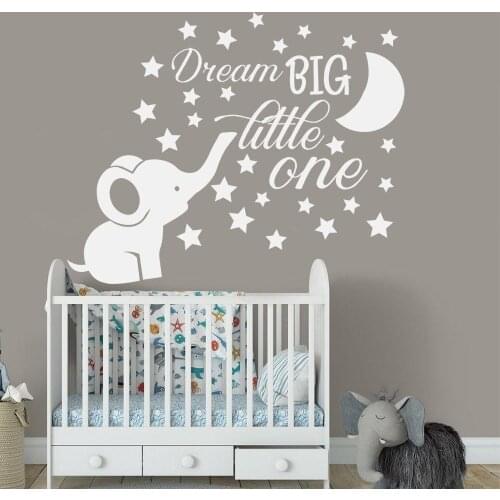 Elephant Nursery Wall Decal Baby Boy Room Decor Dream Big Little One Quote Wall Vinyl Stickers Moon and Stars Decals Kids joy181