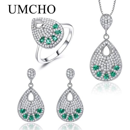 UMCHO Created Nano Emerald Trendy Jewelry Set Solid 925 Sterling Silver For Women Wedding Anniversary Gift Fine Jewelry