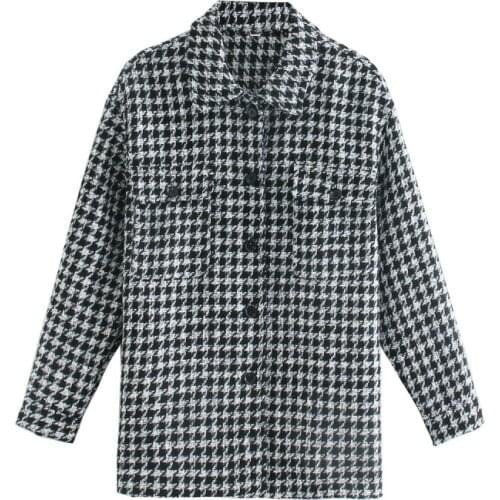 Women Fashion Vintage Houndstooth Plaid Jacket Female Chic Pockets Button-up Coat Ladies Casual Outerwear