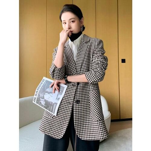 2021 Autumn Winter New Temperament All-Match Thick Plaid Suit Houndstooth Woolen Blazer Womens Short Section
