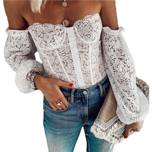 Sexy Lace Flower Hollow Tube Top Strapless T-shirt Lantern Sleeve One-line Neck Halter Shirt Office Womens Elegant Simple Top