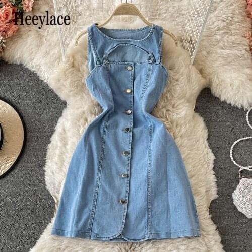 Women Hot Sale Summer Jeans Clothing Chic O-Neck Hollow Out Sleeveless Single Breasted Short Style Denim Dress