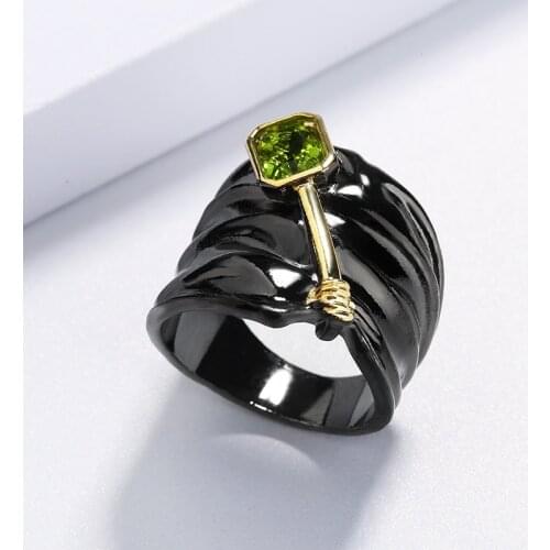 New Trendy Wide Version 925 Silver Rings for Women Ladies Green Cubic Zirconia Finger Ring Vintage Ethnic Black Gold Jewelry