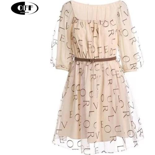 Celebrity designer letter embroidery mini dresses for women summer puff sleeve Elastic waist fairycone tulle dress vestidos robe