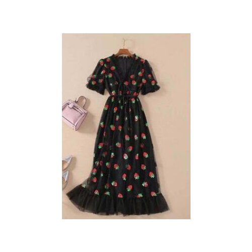 1pcs/lot Sexy V-Neck Belt Strawberry Short Sleeve dress female mesh strawberry Dress