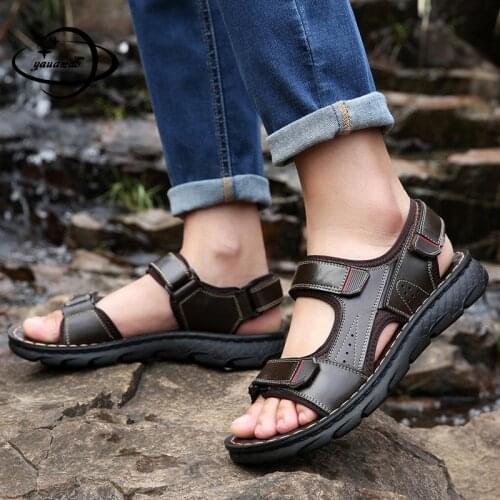 38-44 Mens Sandals Summer Male Sandals Genuine Leather Hook Loop Casual Solid Color Beach Soft Bottom Soft Side Man Shoes H54