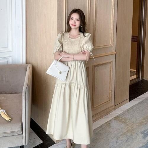 #8009 Beige Black White Midi Dress With Puff Sleeves Sexy A-line Dress O Neck High Waisted Pleated Dresses Ladies Korean Style