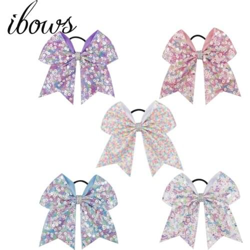 Ibows Hair Accessories Cheer Bow For Girls Sequin Elastic Band 7 Inch Rhinestone Bowknot Cheerleading Bows 2019 New Arrive Style