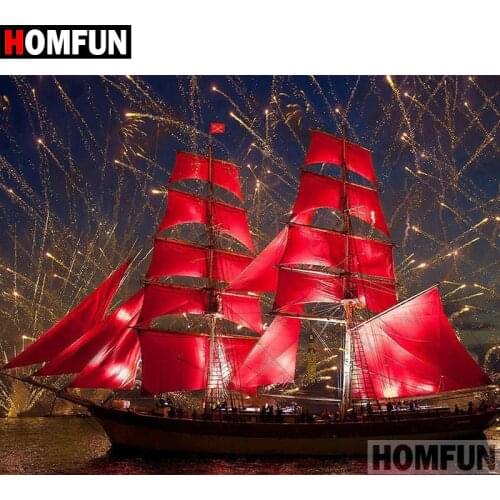 HOMFUN Diamond painting "Red sailboat" Full Square/Round Drill Wall Decor Inlaid Resin Embroidery Craft Cross stitch A02305