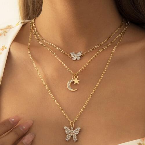 Bohemian Crystal Butterfly Pendant Necklace Womens Retro Fashion Simple Rhinestone Moon Star Necklaces Girl Jewelry