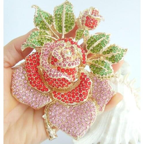 5.12" Gorgeous Rose Flower Brooch Pin Pendant Red Pink Rhinestone Crystal EE02994C10
