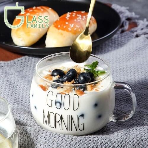 GF Breakfast Cup Good Morning Glass Cup Heat-resistant Clear Glass Mugs Water Milk Juice Tea Beer Coffee Soft Drinks 350ml