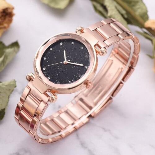 Top Brand Watch For Women Rose Gold Stainless Steel Black Starry Sky Quartz Wristwatch Rhinestone Ladies Wrist Watches relogio