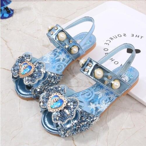 Disney Elsa Princess Kids Leather Sandals For Girls Glitter Children Flat Heel Girls Shoes Knot Sandals Size 22-36