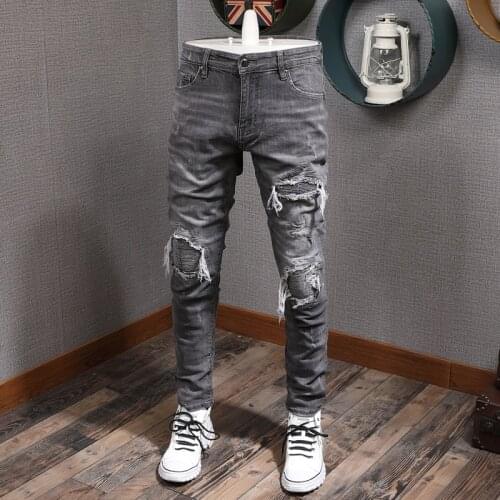 American Street Style Fashion Men Jeans Retro Gray Elastic Slim Fit Ripped Jeans Men Patches Designer Hip Hop Denim Punk Pants