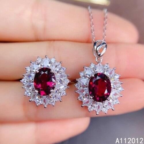 KJJEAXCMY Fine Jewelry 925 sterling silver inlaid natural Garnet girl classic necklace pendant ring set support test hot selling