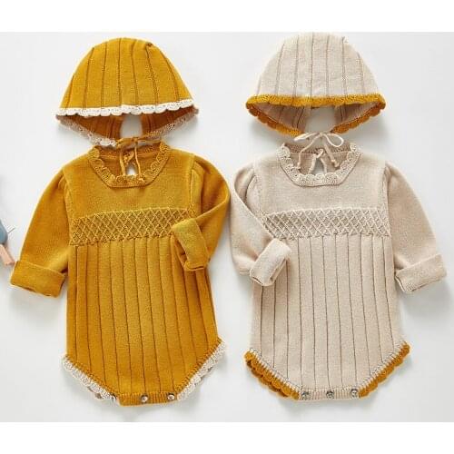 New 2021 Spring Baby Girl Rompers Girl Long Sleeves Knit Pure Color Rompers And Hat Autumn Baby Girl Newborn Rompers Clothes