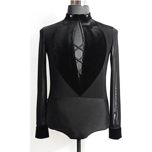 Long Sleeve Black Male Latin Dance Bodysuit Latin Dancing Tops Practise Tango Chacha Dancing Performamnce W585