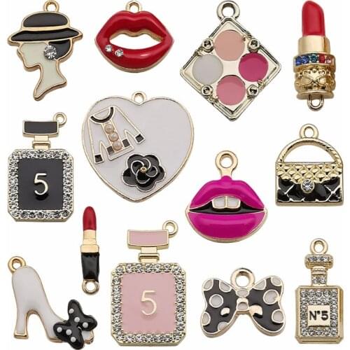 Mix 13pcs/pack Sexy Mouth Lipstick Perfume Make Up Enamel Charms for Earring Bracelets DIY Jewelry Making