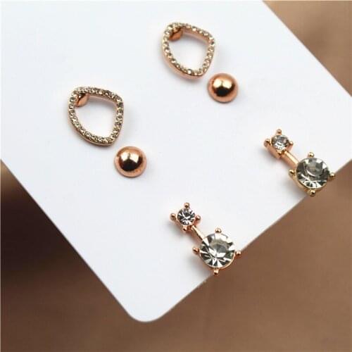 New Fashion Sweet Rose Gold Color Alloy Geometric Round Glitter Rhinestone Stud Earrings Set for Women Jewelry Party Gift